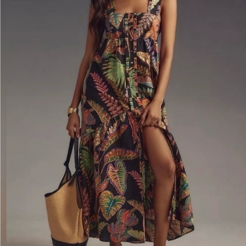 FARM Rio Black Maxi Dress with Green, Orange and Pink Tropical Leaves